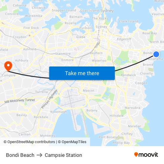Bondi Beach to Campsie Station map