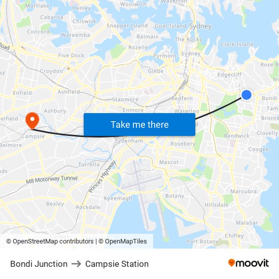 Bondi Junction to Campsie Station map