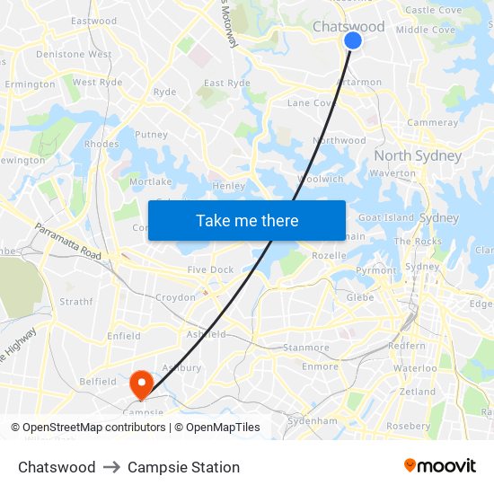 Chatswood to Campsie Station map