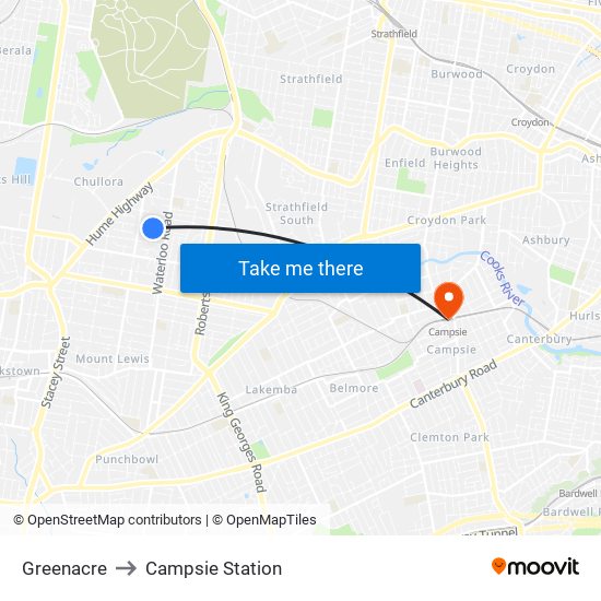 Greenacre to Campsie Station map