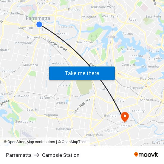 Parramatta to Campsie Station map