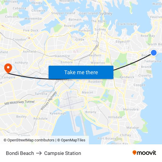 Bondi Beach to Campsie Station map