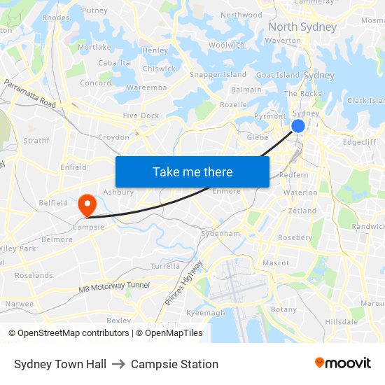 Sydney Town Hall to Campsie Station map