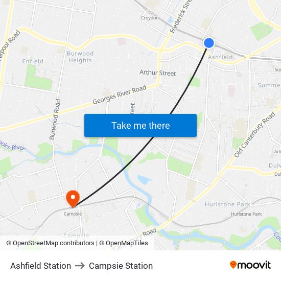 Ashfield Station to Campsie Station map