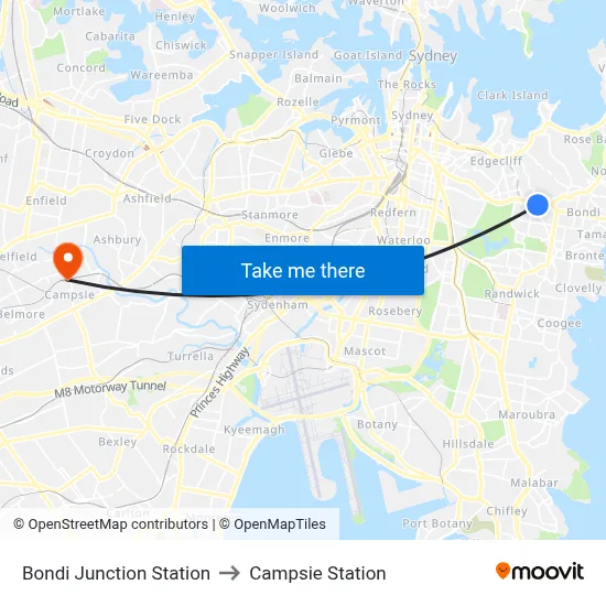 Bondi Junction Station to Campsie Station map