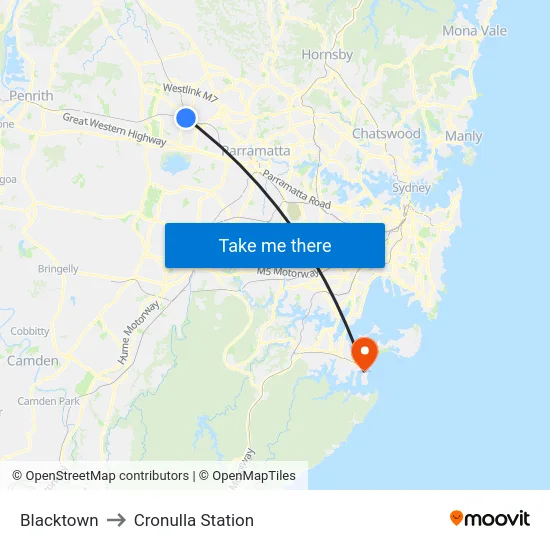 Blacktown to Cronulla Station map