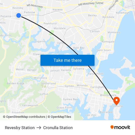 Revesby Station to Cronulla Station map