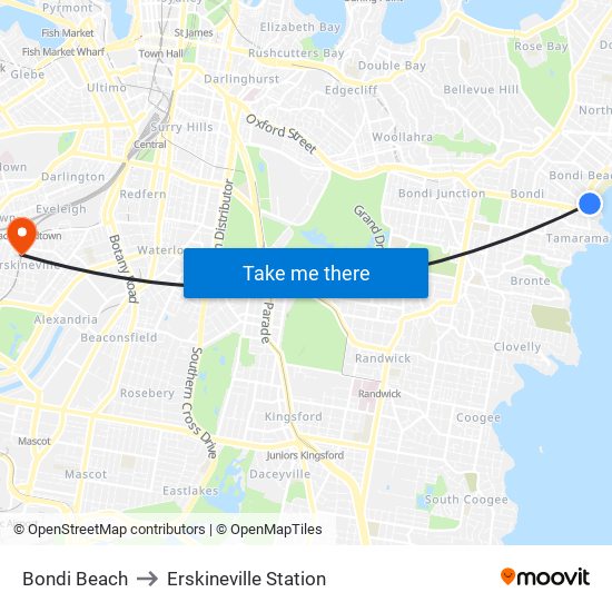 Bondi Beach to Erskineville Station map