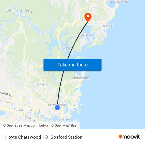 Hoyts Chatswood to Gosford Station map