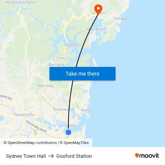 Sydney Town Hall to Gosford Station map