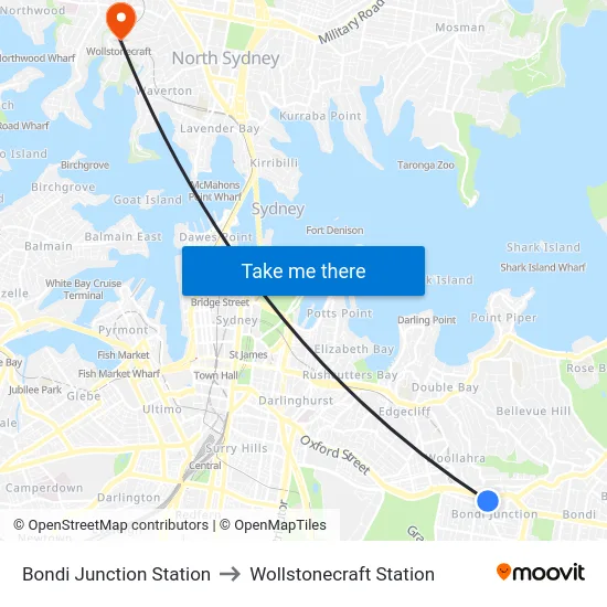Bondi Junction Station to Wollstonecraft Station map