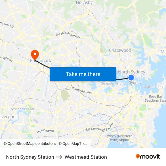 North Sydney Station to Westmead Station map