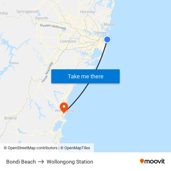 Bondi Beach to Wollongong Station map