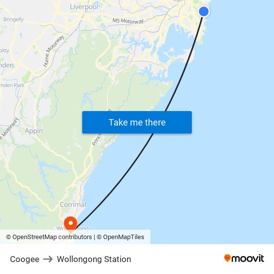 Coogee to Wollongong Station map