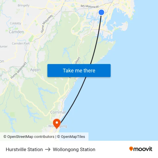 Hurstville Station to Wollongong Station map