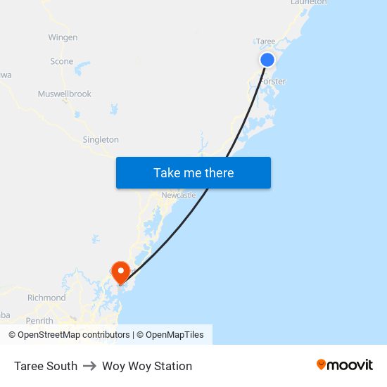 Taree South to Woy Woy Station map