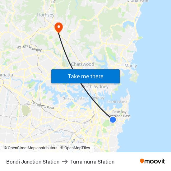Bondi Junction Station to Turramurra Station map