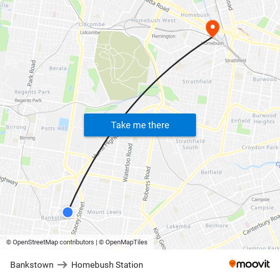 Bankstown to Homebush Station map