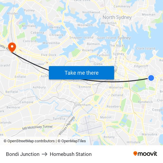 Bondi Junction to Homebush Station map