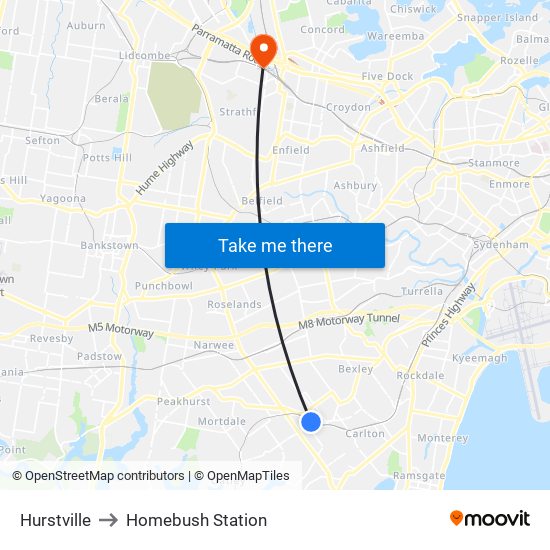 Hurstville to Homebush Station map