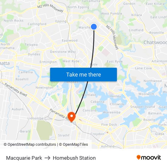 Macquarie Park to Homebush Station map