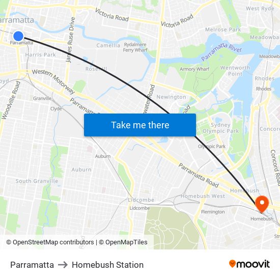 Parramatta to Homebush Station map