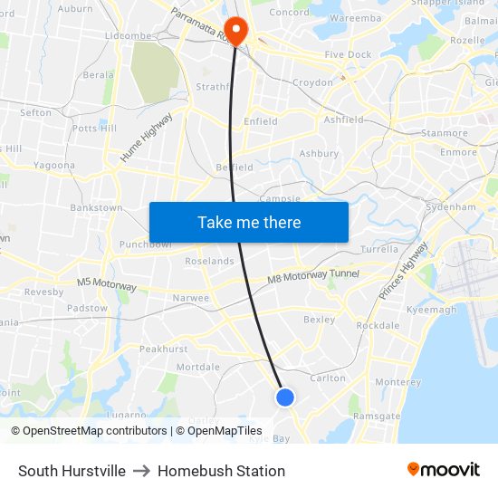 South Hurstville to Homebush Station map