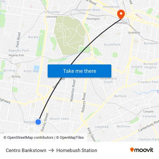 Centro Bankstown to Homebush Station map