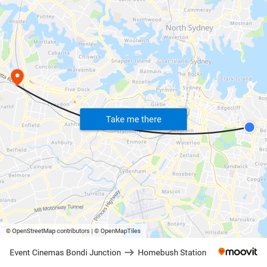 Event Cinemas Bondi Junction to Homebush Station map