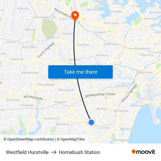 Westfield Hurstville to Homebush Station map