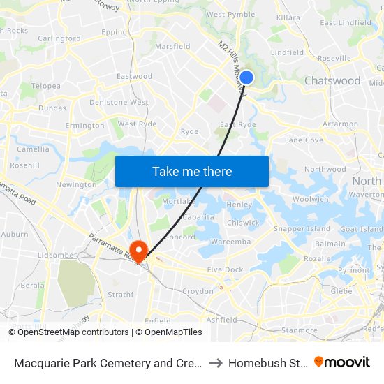 Macquarie Park Cemetery and Crematorium to Homebush Station map