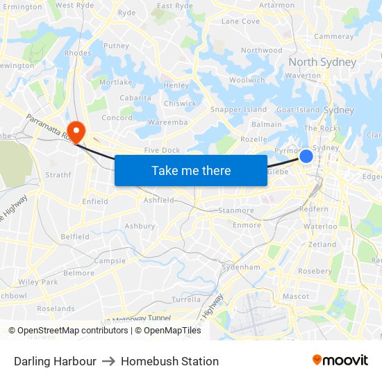 Darling Harbour to Homebush Station map