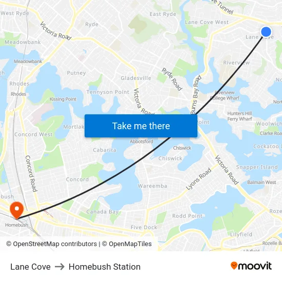Lane Cove to Homebush Station map