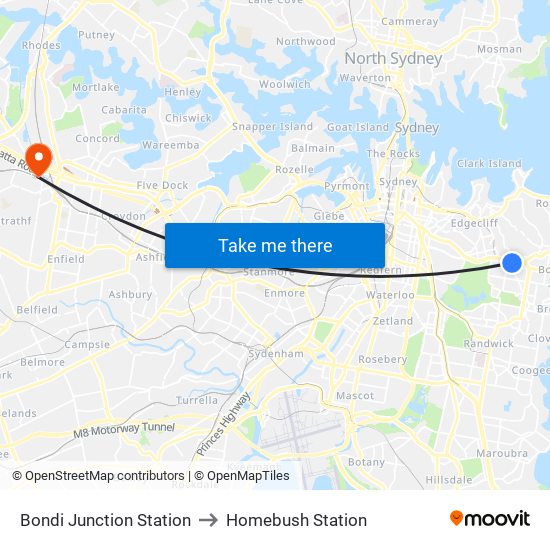 Bondi Junction Station to Homebush Station map