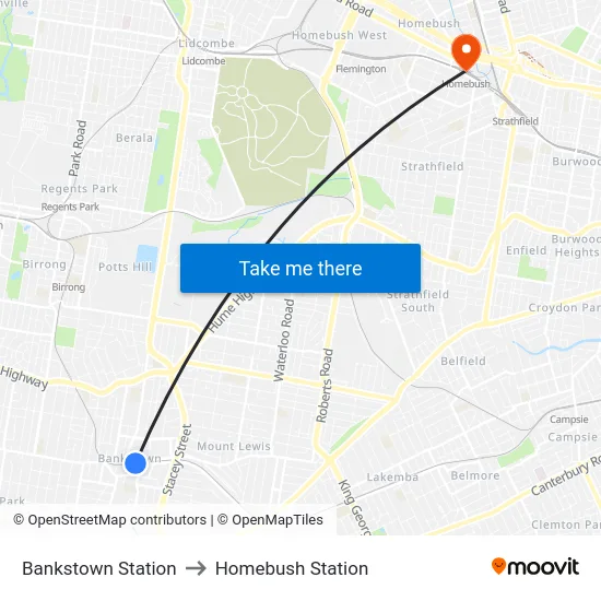 Bankstown Station to Homebush Station map