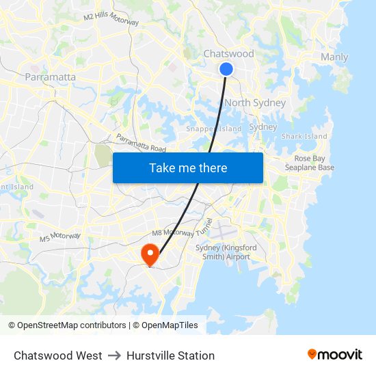 Chatswood West to Hurstville Station map