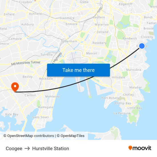 Coogee to Hurstville Station map