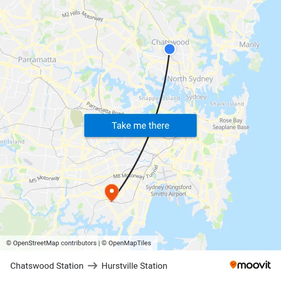 Chatswood Station to Hurstville Station map