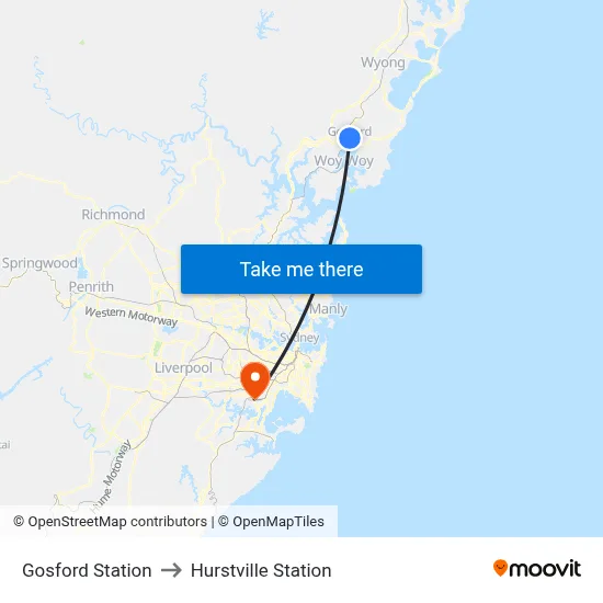 Gosford Station to Hurstville Station map