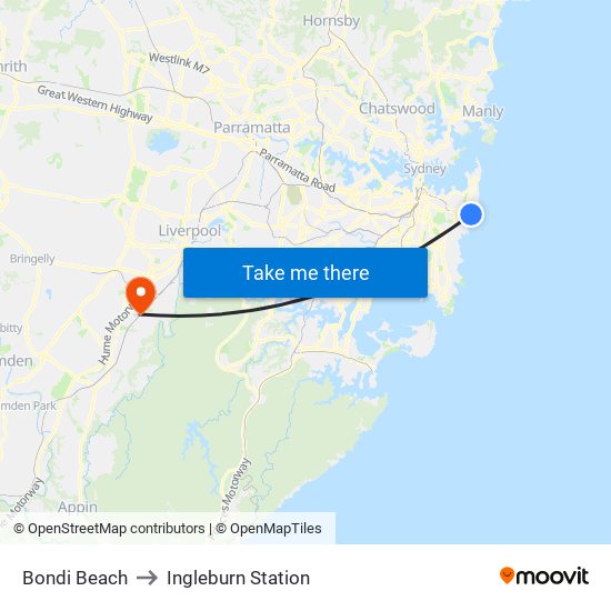 Bondi Beach to Ingleburn Station map
