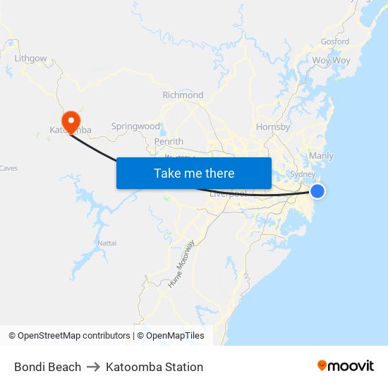 Bondi Beach to Katoomba Station map