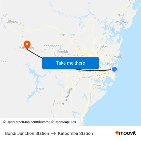 Bondi Junction Station to Katoomba Station map
