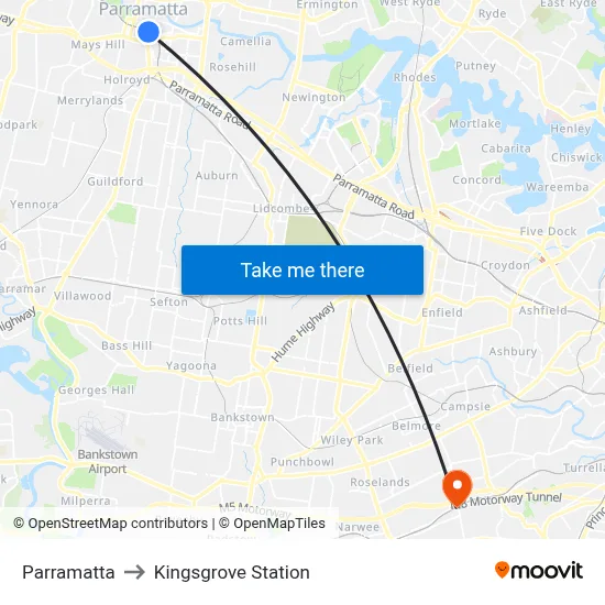 Parramatta to Kingsgrove Station map