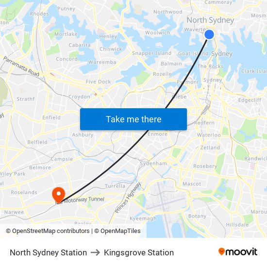 North Sydney Station to Kingsgrove Station map