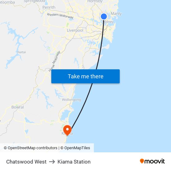 Chatswood West to Kiama Station map