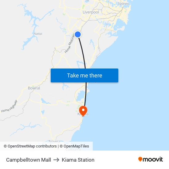 Campbelltown Mall to Kiama Station map