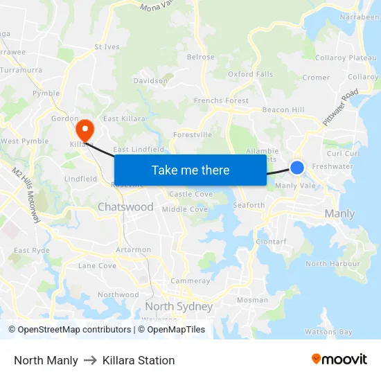 North Manly to Killara Station map