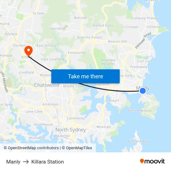 Manly to Killara Station map