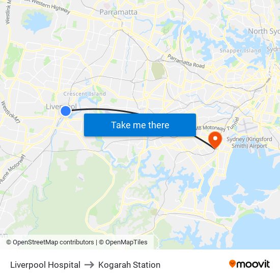 Liverpool Hospital to Kogarah Station map