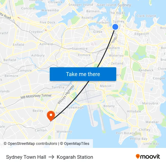 Sydney Town Hall to Kogarah Station map